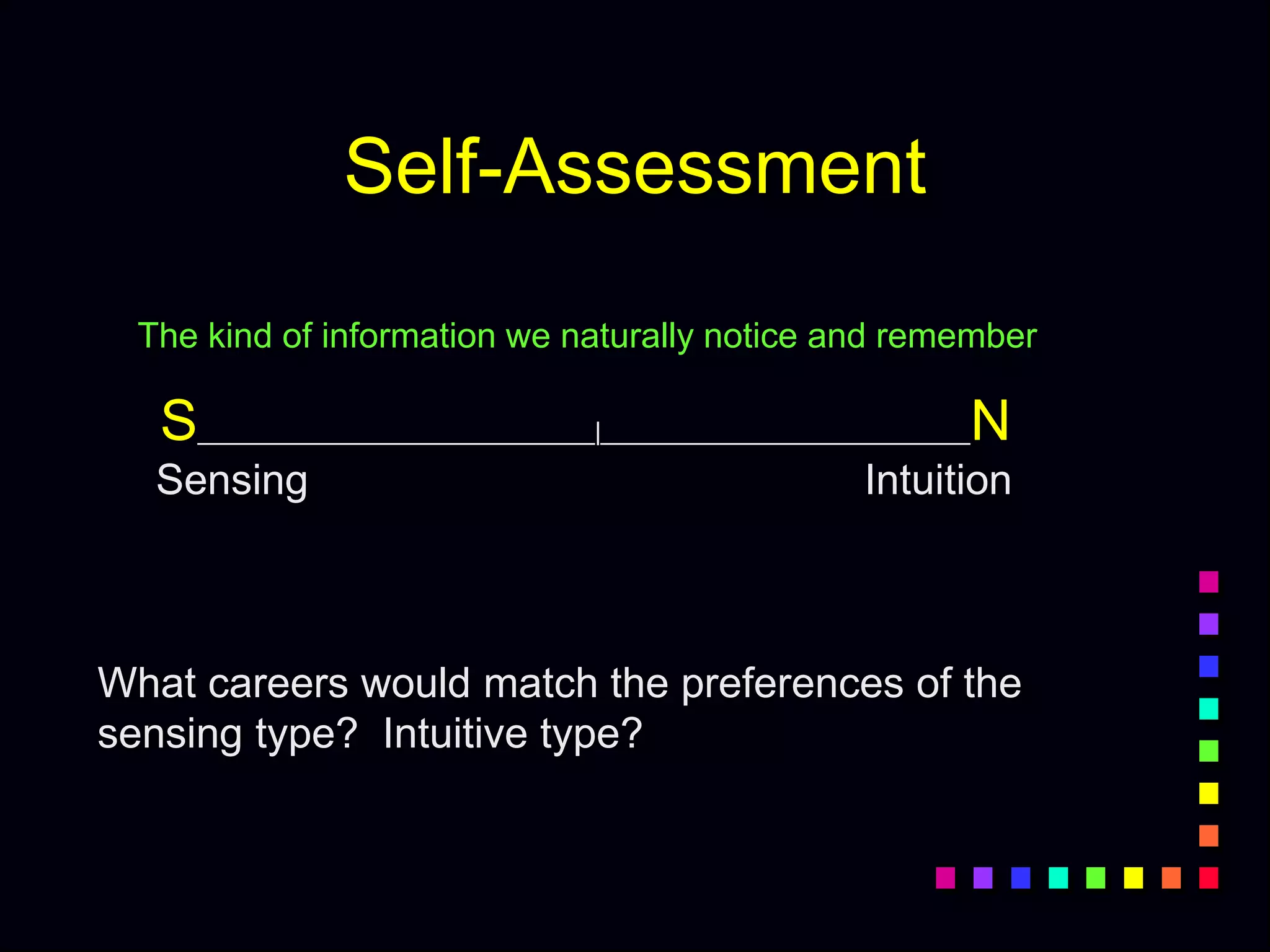 Self-Assessment
The kind of information we naturally notice and remember
S_____________________________|___________________________N
Sensing Intuition
What careers would match the preferences of the
sensing type? Intuitive type?
 