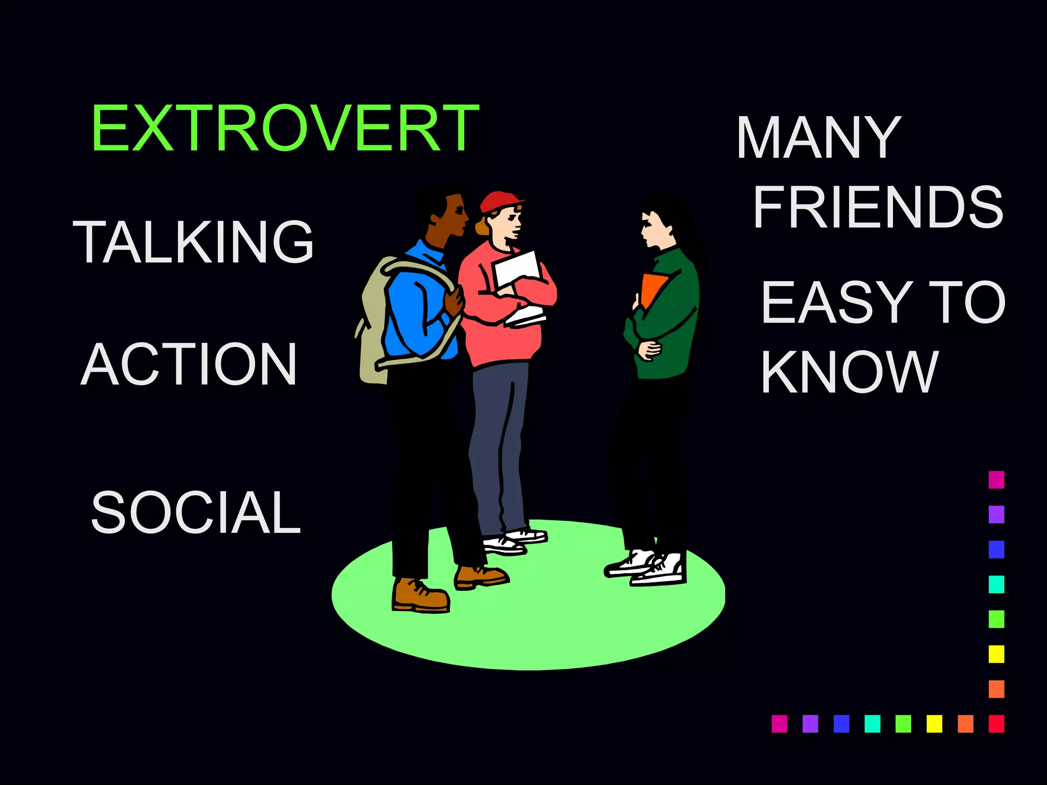 EXTROVERT
TALKING
ACTION
SOCIAL
MANY
FRIENDS
EASY TO
KNOW
 