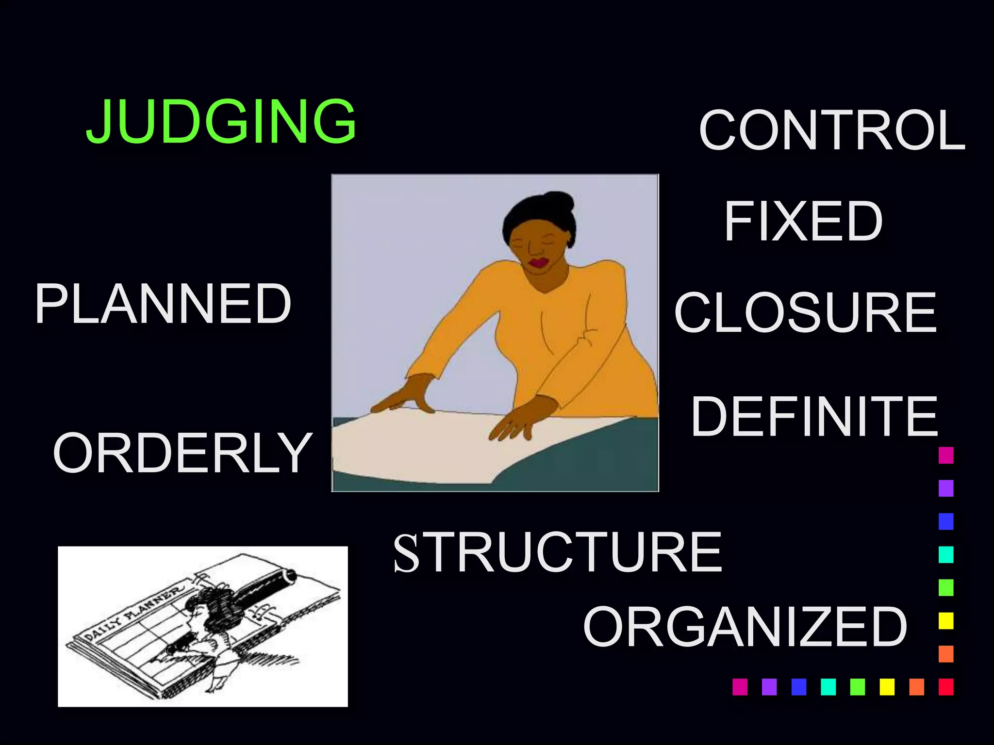 JUDGING
PLANNED
ORDERLY
ORGANIZED
CONTROL
FIXED
CLOSURE
STRUCTURE
DEFINITE
 