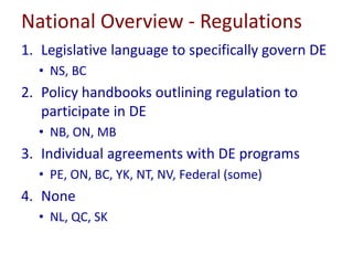 National Overview - Regulations 
1. Legislative language to specifically govern DE 
• NS, BC 
2. Policy handbooks outlining regulation to 
participate in DE 
• NB, ON, MB 
3. Individual agreements with DE programs 
• PE, ON, BC, YK, NT, NV, Federal (some) 
4. None 
• NL, QC, SK 
 