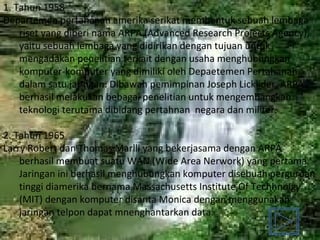 1. Tahun 1958 Departemen pertahanan amerika serikat membentuk sebuah lembaga riset yang diberi nama ARPA (Advanced Research Projects Agency), yaitu sebuah lembaga yang didirikan dengan tujuan untuk mengadakan penelitian terkait dengan usaha menghubungkan  komputer-komputer yang dimiliki oleh Depaetemen Pertahanan dalam satu jaringan. Dibawah pemimpinan Joseph Licklider, ARPA berhasil melakukan bebagai penelitian untuk mengembangkan teknologi terutama dibidang pertahnan  negara dan militer. 2. Tahun 1965  Larry Robert dan Thomas Marlli yang bekerjasama dengan ARPA berhasil membuat suatu WAN (Wide Area Nerwork) yang pertama. Jaringan ini berhasil menghubungkan komputer disebuah perguruan tinggi diamerika bernama Massachusetts Institute Of Techhnolgy (MIT) dengan komputer disanta Monica dengan menggunakan jaringan telpon dapat mnenghantarkan data. 