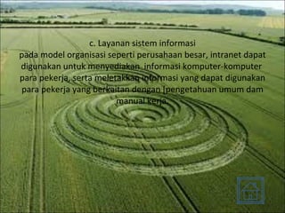 c. Layanan sistem informasi pada model organisasi seperti perusahaan besar, intranet dapat digunakan untuk menyediakan  informasi komputer-komputer  para pekerja, serta meletakkan informasi yang dapat digunakan para pekerja yang berkaitan dengan [pengetahuan umum dam manual kerja. 