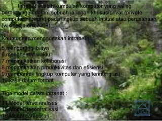 Intranet adalah kumpulan komputer yang saling berhubungan dalam sebuah jaringan khusus/privat (private computer network) pada lingkup sebuah intitusi atau perusahaan (wikipedia.org,2009)  Keuntungan menggunakan intranet : mengurangi biaya menghemat waktu meningkatkan kolaborasi meningkatkan produktivitas dan efisiensi membentuk lingkup komputer yang terintergrasi kaya dalam format Tiga model dalam intranet : Model tersentralisasi Model desentralisasi  Model campuran 