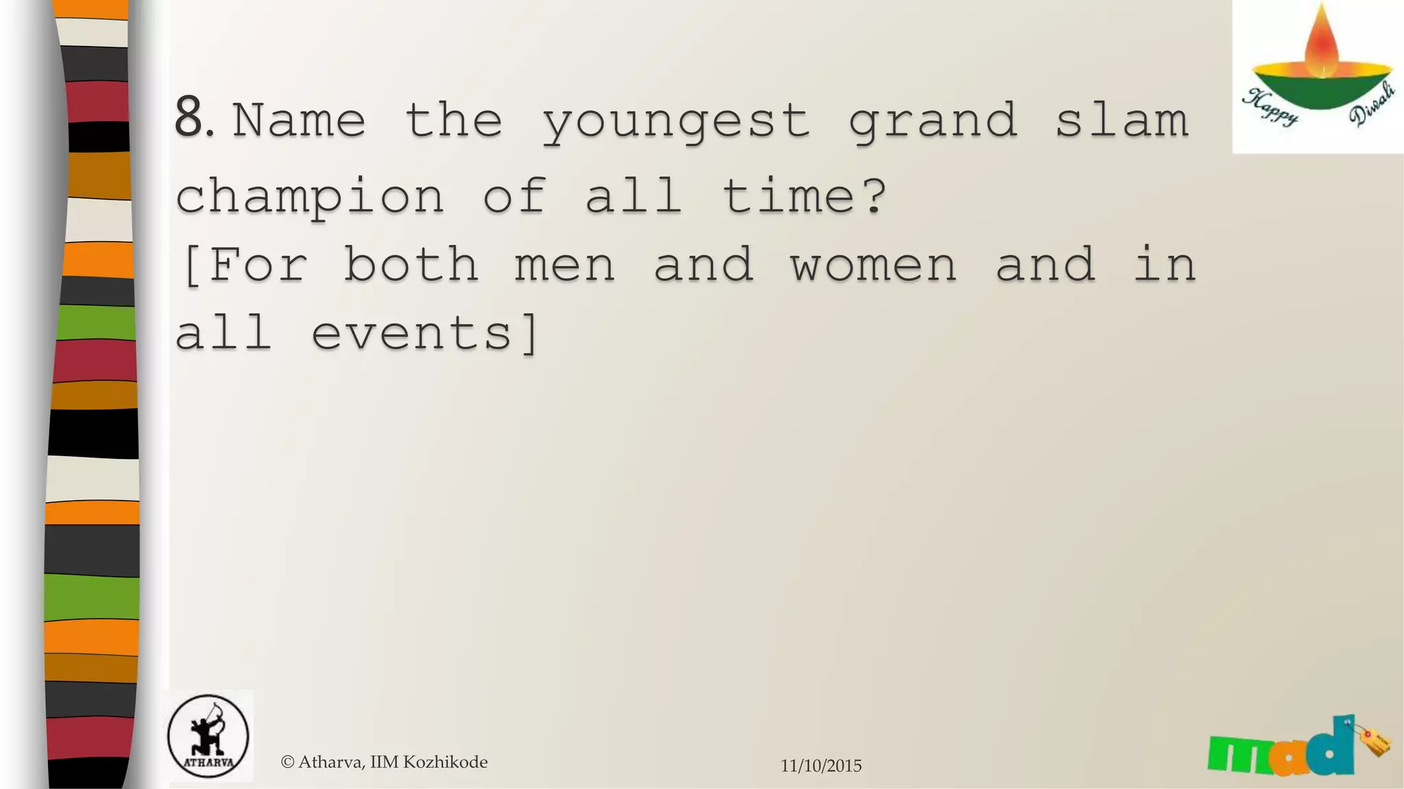 8. Name the youngest grand slam
champion of all time?
[For both men and women and in
all events]
© Atharva, IIM Kozhikode 11/10/2015
 