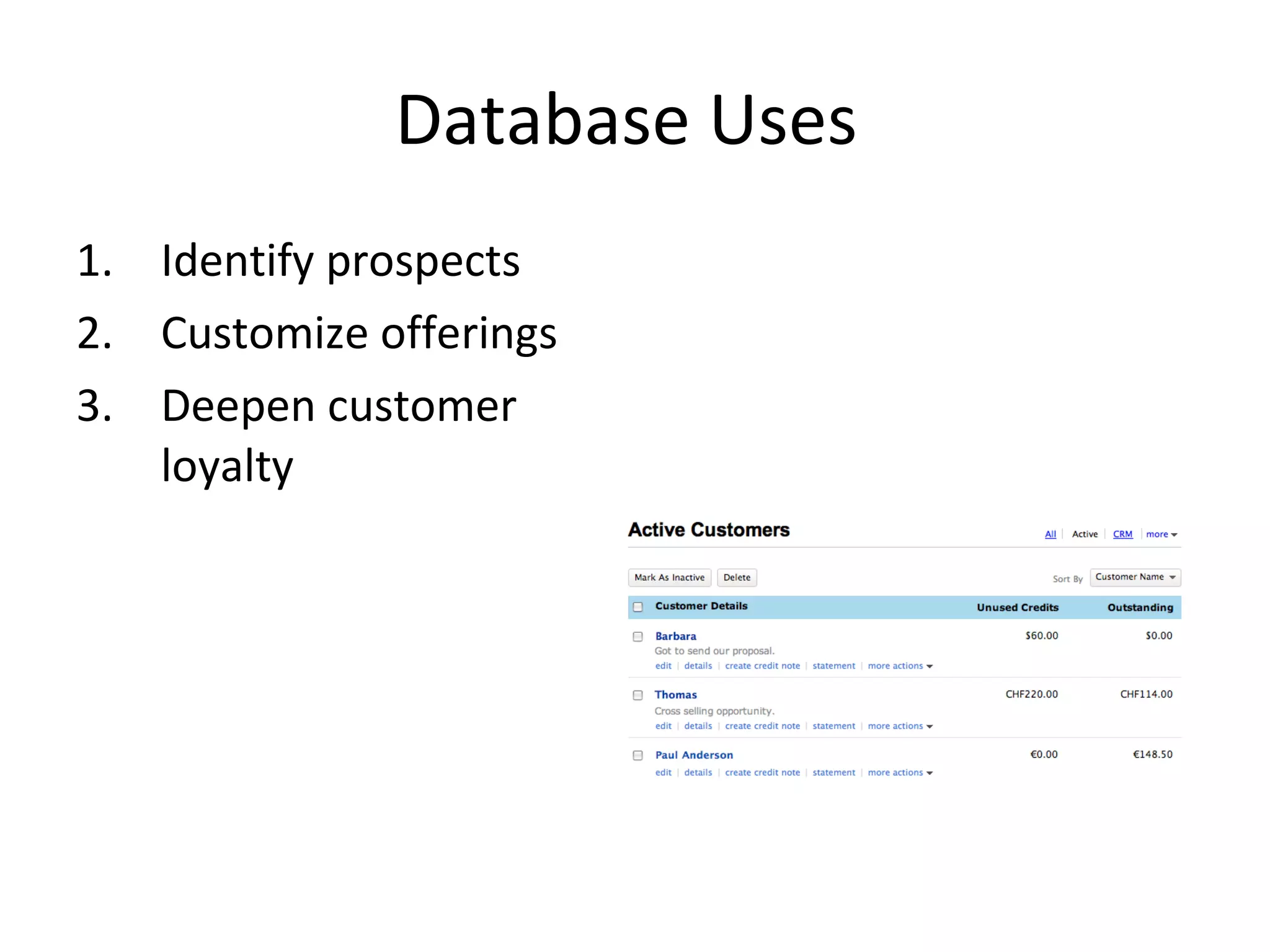 Database Uses  Identify prospects Customize offerings Deepen customer loyalty 