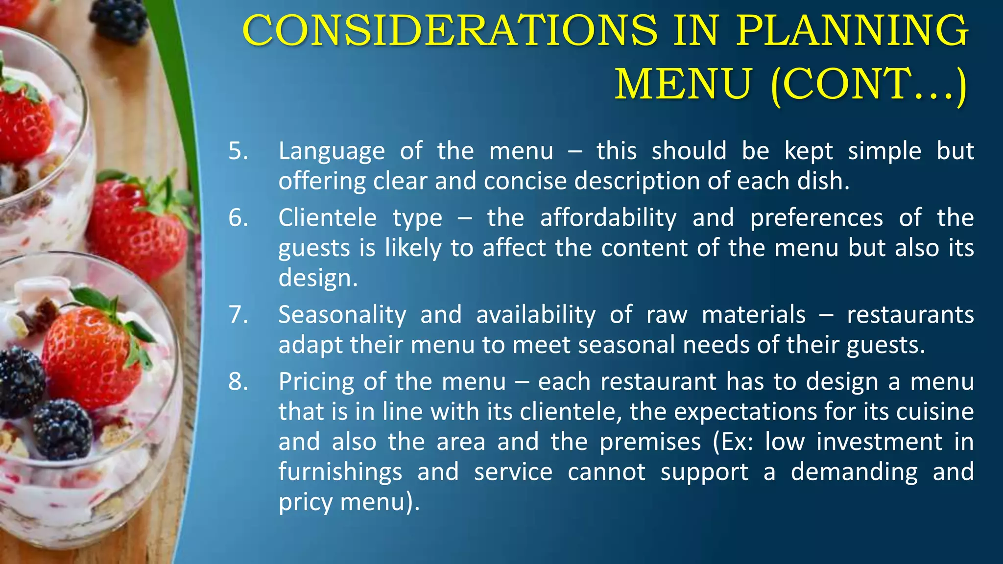 FACTORS AFFECTING MENU DESIGN AND PLANNING | PPTX