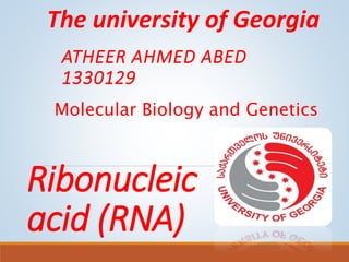Ribonucleic
acid (RNA)
ATHEER AHMED ABED
1330129
Molecular Biology and Genetics
The university of Georgia
 