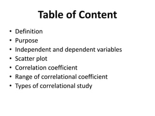 Table of Content
•
•
•
•
•
•
•

Definition
Purpose
Independent and dependent variables
Scatter plot
Correlation coefficient
Range of correlational coefficient
Types of correlational study

 