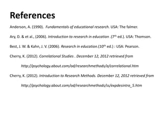 References
Anderson, A. (1990). Fundamentals of educational research. USA: The falmer.
Ary, D. & et al., (2006). Introduction to research in education .(7th ed.). USA: Thomson.
Best, J. W. & Kahn, J. V. (2006). Research in education.(10th ed.) : USA: Pearson.
Cherry, K. (2012). Correlational Studies . December 12, 2012 retrieved from
http://psychology.about.com/od/researchmethods/a/correlational.htm
Cherry, K. (2012). Introduction to Research Methods. December 12, 2012 retrieved from
http://psychology.about.com/od/researchmethods/ss/expdesintro_5.htm

 