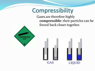 Compressibility
Gases are therefore highly
compressible: their particles can be
forced back closer together.
 