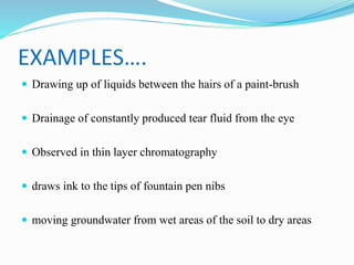 EXAMPLES….
 Drawing up of liquids between the hairs of a paint-brush
 Drainage of constantly produced tear fluid from the eye
 Observed in thin layer chromatography
 draws ink to the tips of fountain pen nibs
 moving groundwater from wet areas of the soil to dry areas
 