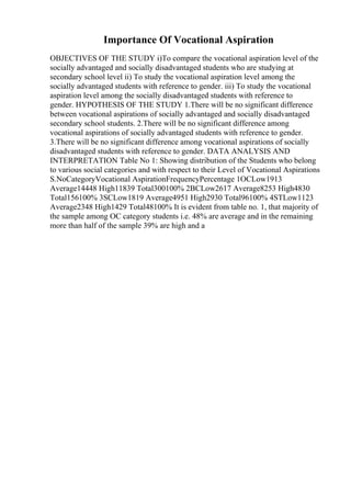 Importance Of Vocational Aspiration
OBJECTIVES OF THE STUDY i)To compare the vocational aspiration level of the
socially advantaged and socially disadvantaged students who are studying at
secondary school level ii) To study the vocational aspiration level among the
socially advantaged students with reference to gender. iii) To study the vocational
aspiration level among the socially disadvantaged students with reference to
gender. HYPOTHESIS OF THE STUDY 1.There will be no significant difference
between vocational aspirations of socially advantaged and socially disadvantaged
secondary school students. 2.There will be no significant difference among
vocational aspirations of socially advantaged students with reference to gender.
3.There will be no significant difference among vocational aspirations of socially
disadvantaged students with reference to gender. DATA ANALYSIS AND
INTERPRETATION Table No 1: Showing distribution of the Students who belong
to various social categories and with respect to their Level of Vocational Aspirations
S.NoCategoryVocational AspirationFrequencyPercentage 1OCLow1913
Average14448 High11839 Total300100% 2BCLow2617 Average8253 High4830
Total156100% 3SCLow1819 Average4951 High2930 Total96100% 4STLow1123
Average2348 High1429 Total48100% It is evident from table no. 1, that majority of
the sample among OC category students i.e. 48% are average and in the remaining
more than half of the sample 39% are high and a
 