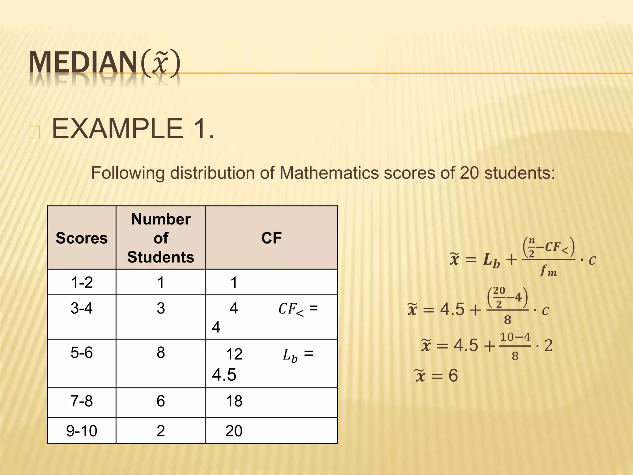 MEDIAN 𝑥
EXAMPLE 1.
Following distribution of Mathematics scores of 20 students:
𝒙 = 𝑳 𝒃 +
𝒏
𝟐
−𝑪𝑭<
𝒇 𝒎
∙ 𝑐
𝒙 = 4.5 +
𝟐𝟎
𝟐
−𝟒
𝟖
∙ 𝑐
𝒙 = 4.5 +
10−4
8
⋅ 2
𝒙 = 6
Scores
Number
of
Students
CF
1-2 1 1
3-4 3 4 𝐶𝐹< =
4
5-6 8 12 𝐿 𝑏 =
4.5
7-8 6 18
9-10 2 20
 