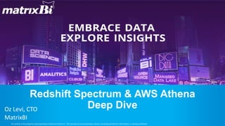 All	content	is	the	property	and	proprietary	interest	of	matrix	IT;	 The	removal	of	any	proprietary	notices,	including	attribution	information,	is	strictly	prohibited.
Redshift Spectrum & AWS Athena
Deep DiveOz	Levi,	CTO
MatrixBI
 