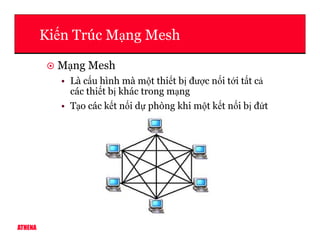 Ki n Trúc M ng Mesh
M ng Mesh
• Là c u hình mà m t thi t b đư c n i t i t t c
các thi t b khác trong m ng
• T o các k t n i d phòng khi m t k t n i b đ t
ATHENA
 