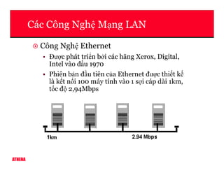 Các Công Ngh M ng LAN
Công Ngh Ethernet
• Đư c phát tri n b i các hãng Xerox, Digital,
Intel vào đ u 1970
• Phiên b n đ u tiên c a Ethernet đư c thi t k
là k t n i 100 máy tính vào 1 s i cáp dài 1km,
t c đ 2,94Mbps
ATHENA
t c đ 2,94Mbps
 