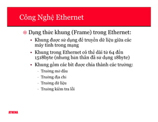 Công Ngh Ethernet
D ng th c khung (Frame) trong Ethernet:
• Khung đư c s d ng đ truy n d li u gi a các
máy tính trong m ng
• Khung trong Ethernet có th dài t 64 đ n
1518byte (nhưng b n thân đã s d ng 18byte)
ATHENA
• Khung g m các bit đư c chia thành các trư ng:
- Trư ng m đ u
- Trư ng đ a ch
- Trư ng d li u
- Trư ng ki m tra l i
 