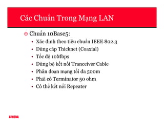Các Chu n Trong M ng LAN
Chu n 10Base5:
• Xác đ nh theo tiêu chu n IEEE 802.3
• Dùng cáp Thicknet (Coaxial)
• T c đ 10Mbps
• Dùng b k t n i Tranceiver Cable
ATHENA
• Dùng b k t n i Tranceiver Cable
• Phân đo n m ng t i đa 500m
• Ph i có Terminator 50 ohm
• Có th k t n i Repeater
 