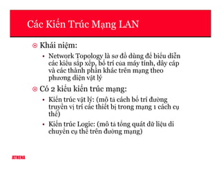 Các Ki n Trúc M ng LAN
Khái ni m:
• Network Topology là sơ đ dùng đ bi u di n
các ki u s p x p, b trí c a máy tính, dây cáp
và các thành ph n khác trên m ng theo
phương di n v t lý
Có 2 ki u ki n trúc m ng:
ATHENA
Có 2 ki u ki n trúc m ng:
• Ki n trúc v t lý: (mô t cách b trí đư ng
truy n v trí các thi t b trong m ng 1 cách c
th )
• Ki n trúc Logic: (mô t t ng quát d li u di
chuy n c th trên đư ng m ng)
 