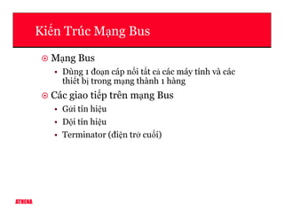 Ki n Trúc M ng Bus
M ng Bus
• Dùng 1 đo n cáp n i t t c các máy tính và các
thi t b trong m ng thành 1 hàng
Các giao ti p trên m ng Bus
• G i tín hi u
ATHENA
• G i tín hi u
• D i tín hi u
• Terminator (đi n tr cu i)
 