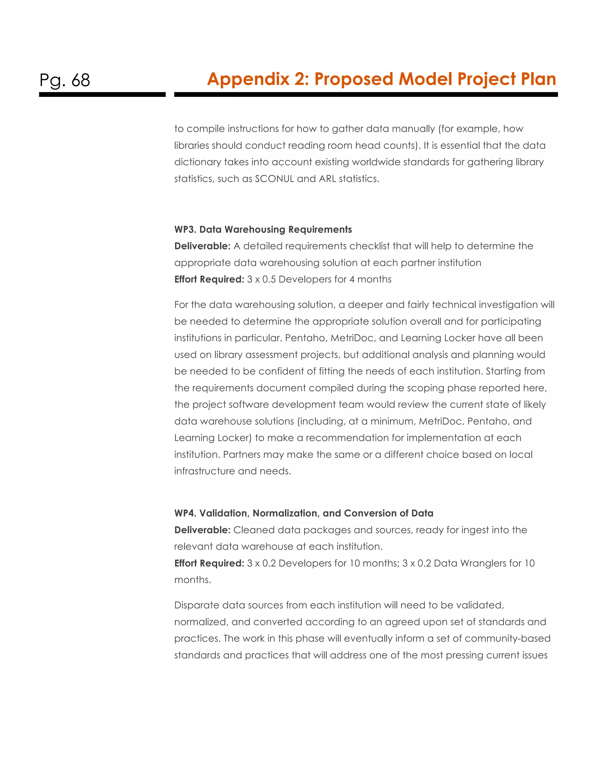 Pg. 68 Appendix 2: Proposed Model Project Plan
to compile instructions for how to gather data manually (for example, how
libraries should conduct reading room head counts). It is essential that the data
dictionary takes into account existing worldwide standards for gathering library
statistics, such as SCONUL and ARL statistics.
WP3. Data Warehousing Requirements
Deliverable: A detailed requirements checklist that will help to determine the
appropriate data warehousing solution at each partner institution
Effort Required: 3 x 0.5 Developers for 4 months
For the data warehousing solution, a deeper and fairly technical investigation will
be needed to determine the appropriate solution overall and for participating
institutions in particular. Pentaho, MetriDoc, and Learning Locker have all been
used on library assessment projects, but additional analysis and planning would
be needed to be confident of fitting the needs of each institution. Starting from
the requirements document compiled during the scoping phase reported here,
the project software development team would review the current state of likely
data warehouse solutions (including, at a minimum, MetriDoc, Pentaho, and
Learning Locker) to make a recommendation for implementation at each
institution. Partners may make the same or a different choice based on local
infrastructure and needs.
WP4. Validation, Normalization, and Conversion of Data
Deliverable: Cleaned data packages and sources, ready for ingest into the
relevant data warehouse at each institution.
Effort Required: 3 x 0.2 Developers for 10 months; 3 x 0.2 Data Wranglers for 10
months.
Disparate data sources from each institution will need to be validated,
normalized, and converted according to an agreed upon set of standards and
practices. The work in this phase will eventually inform a set of community-based
standards and practices that will address one of the most pressing current issues
 