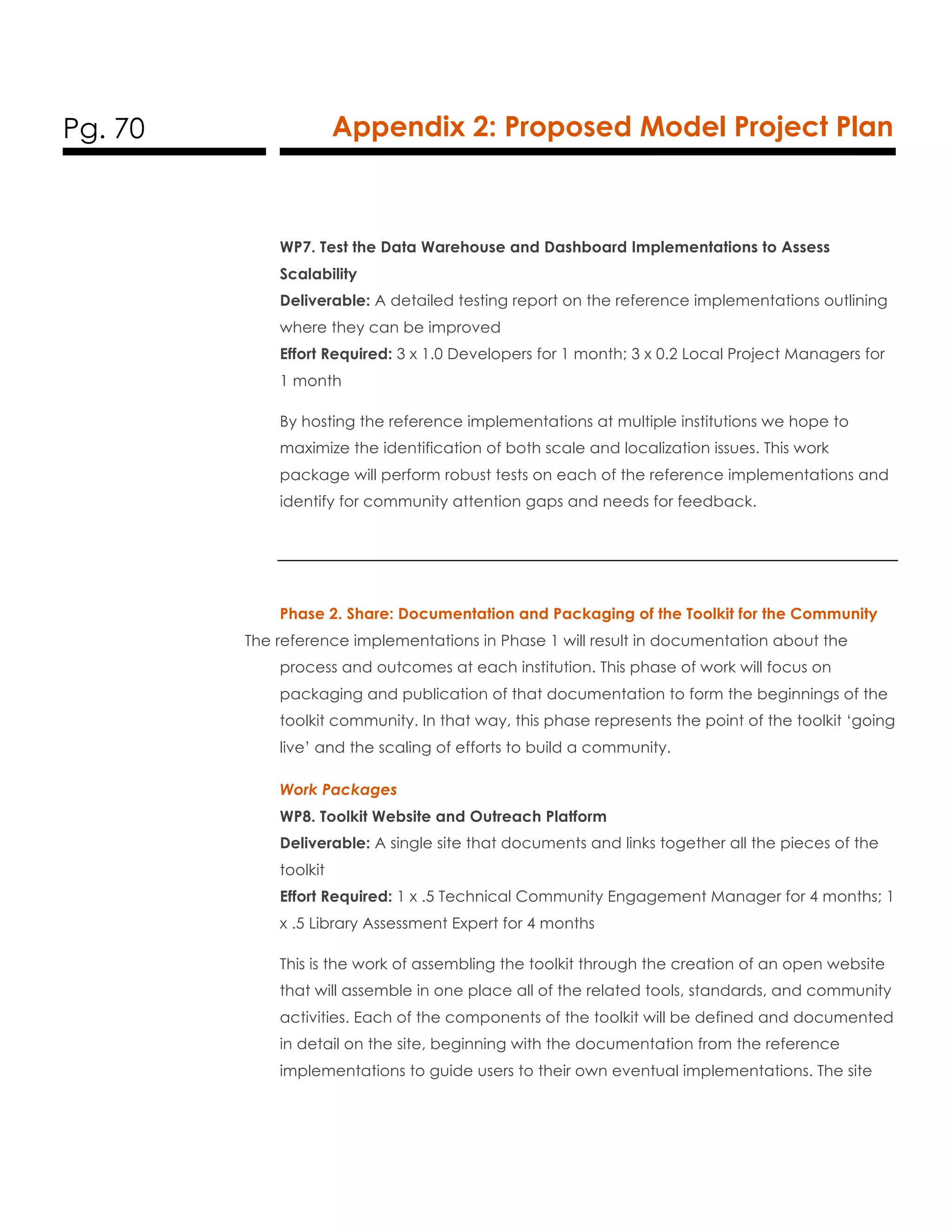 Pg. 70 Appendix 2: Proposed Model Project Plan
WP7. Test the Data Warehouse and Dashboard Implementations to Assess
Scalability
Deliverable: A detailed testing report on the reference implementations outlining
where they can be improved
Effort Required: 3 x 1.0 Developers for 1 month; 3 x 0.2 Local Project Managers for
1 month
By hosting the reference implementations at multiple institutions we hope to
maximize the identification of both scale and localization issues. This work
package will perform robust tests on each of the reference implementations and
identify for community attention gaps and needs for feedback.
Phase 2. Share: Documentation and Packaging of the Toolkit for the Community
The reference implementations in Phase 1 will result in documentation about the
process and outcomes at each institution. This phase of work will focus on
packaging and publication of that documentation to form the beginnings of the
toolkit community. In that way, this phase represents the point of the toolkit ‘going
live’ and the scaling of efforts to build a community.
Work Packages
WP8. Toolkit Website and Outreach Platform
Deliverable: A single site that documents and links together all the pieces of the
toolkit
Effort Required: 1 x .5 Technical Community Engagement Manager for 4 months; 1
x .5 Library Assessment Expert for 4 months
This is the work of assembling the toolkit through the creation of an open website
that will assemble in one place all of the related tools, standards, and community
activities. Each of the components of the toolkit will be defined and documented
in detail on the site, beginning with the documentation from the reference
implementations to guide users to their own eventual implementations. The site
 