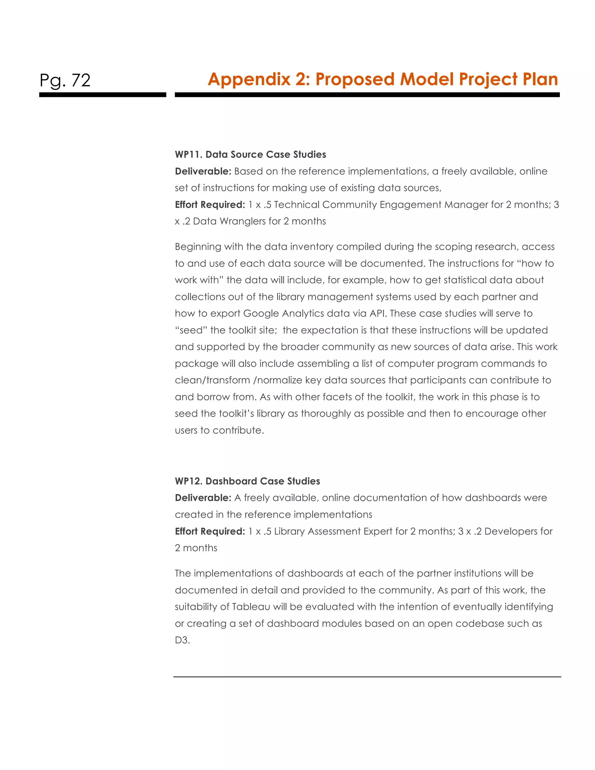 Pg. 72 Appendix 2: Proposed Model Project Plan
WP11. Data Source Case Studies
Deliverable: Based on the reference implementations, a freely available, online
set of instructions for making use of existing data sources,
Effort Required: 1 x .5 Technical Community Engagement Manager for 2 months; 3
x .2 Data Wranglers for 2 months
Beginning with the data inventory compiled during the scoping research, access
to and use of each data source will be documented. The instructions for “how to
work with” the data will include, for example, how to get statistical data about
collections out of the library management systems used by each partner and
how to export Google Analytics data via API. These case studies will serve to
“seed” the toolkit site; the expectation is that these instructions will be updated
and supported by the broader community as new sources of data arise. This work
package will also include assembling a list of computer program commands to
clean/transform /normalize key data sources that participants can contribute to
and borrow from. As with other facets of the toolkit, the work in this phase is to
seed the toolkit’s library as thoroughly as possible and then to encourage other
users to contribute.
WP12. Dashboard Case Studies
Deliverable: A freely available, online documentation of how dashboards were
created in the reference implementations
Effort Required: 1 x .5 Library Assessment Expert for 2 months; 3 x .2 Developers for
2 months
The implementations of dashboards at each of the partner institutions will be
documented in detail and provided to the community. As part of this work, the
suitability of Tableau will be evaluated with the intention of eventually identifying
or creating a set of dashboard modules based on an open codebase such as
D3.
 
