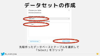 @k_nishijima
データセットの作成
39
先程作ったデータベースとテーブルを選択して
「Select」をクリック
 