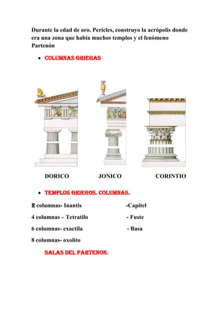 Durante la edad de oro. Pericles, construyo la acrópolis donde
era una zona que había muchos templos y el fenómeno
Partenón
COLUMNAS GRIEGAS

DORICO

JONICO

CORINTIO

TEMPLOS GRIEGOS. Columnas.
2 columnas- Inantis

-Capitel

4 columnas – Tetratilo

- Fuste

6 columnas- exactila

- Basa

8 columnas- oxolito
SALAS DEL PARTENON.

 
