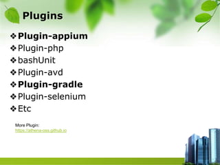Plugins
❖Plugin-appium
❖Plugin-php
❖bashUnit
❖Plugin-avd
❖Plugin-gradle
❖Plugin-selenium
❖Etc
More Plugin:
https://athena-oss.github.io
 
