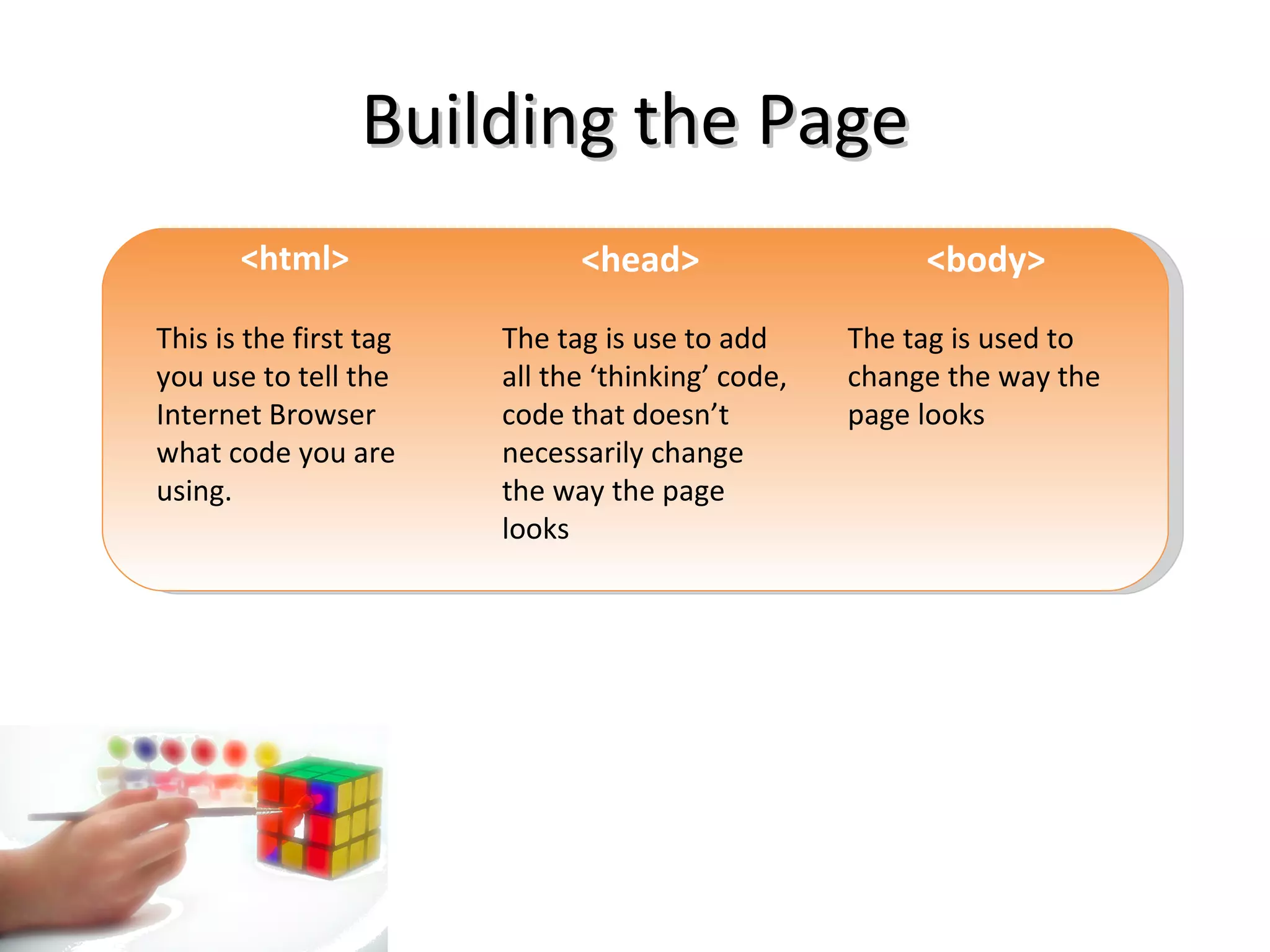 Building the Page <html>  <head>  <body>  This is the first tag you use to tell the Internet Browser what code you are using.  The tag is use to add all the ‘thinking’ code, code that doesn’t necessarily change the way the page looks The tag is used to change the way the page looks 