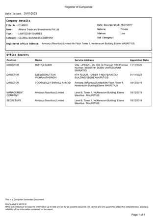 Registrar of Companies
20/01/2023
Date Issued:
Company Details
Date Incorporated:
Nature:
Sub Category:
Status:
18/07/2017
Private
Live
File No.:
Name:
C148851
Athena Trade and Investments Pvt Ltd
Type:
Category:
LIMITED BY SHARES
GLOBAL BUSINESS COMPANY
Registered Office Address: Amicorp (Mauritius) Limited 6th Floor Tower 1, Nexteracom Building Ebene MAURITIUS
Office Bearers
Position Name Service Address Appointed Date
DIRECTOR MITTRA SUBIR Villa - JPK3VL - 25, 393, Al Thanyah Fifth Premise
Number: 393099741 DUBAI UNITED ARAB
EMIRATES
11/11/2020
DIRECTOR SEEWOORUTTUN
INDRANATHSINGH
6TH FLOOR, TOWER 1 NEXTERACOM
BUILDING EBENE MAURITIUS
01/11/2022
DIRECTOR TOORABALLY SHAKILL AHMAD Amicorp (MAuritius) Limited 6th Floor Tower 1,
Nexteracom Building Ebene MAURITIUS
18/12/2019
MANAGEMENT
COMPANY
Amicorp (Mauritius) Limited Level 6, Tower 1, NeXteracom Building Ebene
Mauritius MAURITIUS
18/12/2019
SECRETARY Amicorp (Mauritius) Limited Level 6, Tower 1, NeXteracom Building Ebene
Mauritius MAURITIUS
18/12/2019
of 1
Page 1
DISCLAIMER NOTICE
While we endeavour to keep the information up to date and as far as possible accurate, we cannot give any guarantee about the completeness, accuracy,
reliability of the information contained on the report.
This is a Computer Generated Document.
 