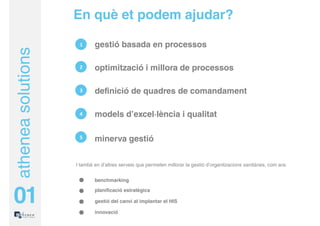 En què et podem ajudar?

                     1      gestió basada en processos
athenea solutions

                     2      optimització i millora de processos

                     3      definició de quadres de comandament

                     4      models d’excel·lència i qualitat

                     5      minerva gestió

                    I també en d’altres serveis que permeten millorar la gestió d’organitzacions sanitàries, com ara:


                            benchmarking



01                          planificació estratègica

                            gestió del canvi al implantar el HIS

                            innovació
 
