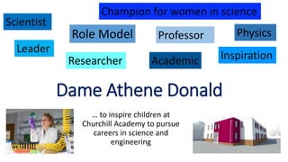 Dame Athene Donald
… to inspire children at
Churchill Academy to pursue
careers in science and
engineering
Scientist
Role Model
Champion for women in science
Leader
AcademicResearcher Inspiration
PhysicsProfessor
 