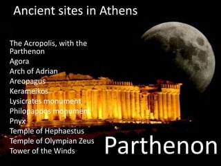 Ancient sites in Athens

The Acropolis, with the
Parthenon
Agora
Arch of Adrian
Areopagus
Kerameikos
Lysicrates monument
P...