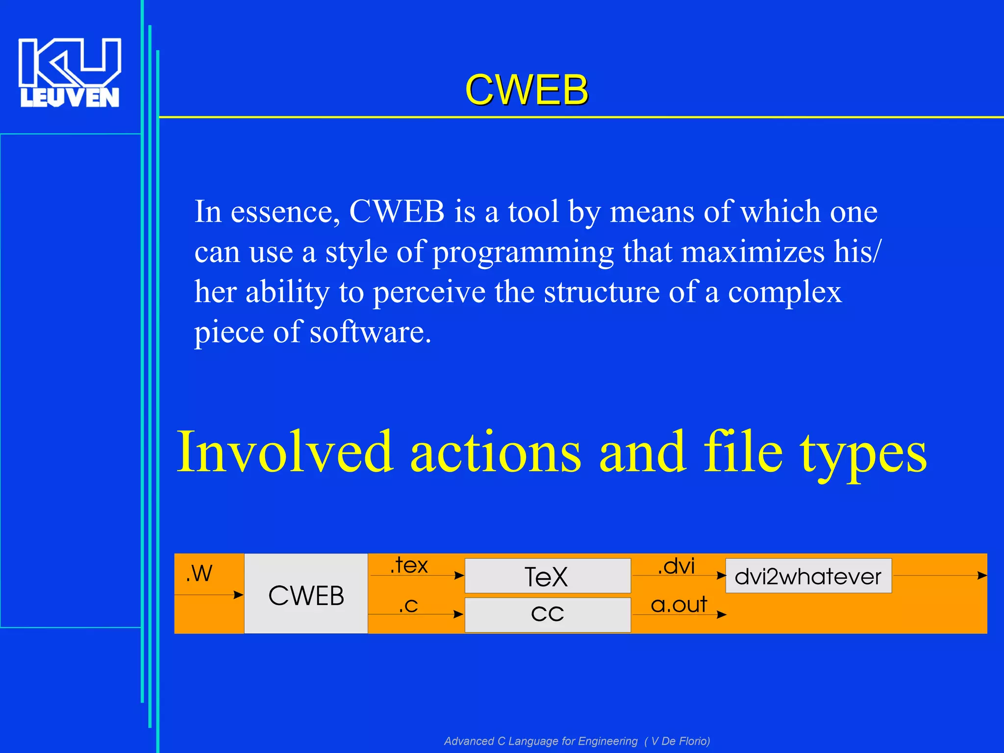 Advanced C Language for Engineering ( V De Florio)
CWEBCWEB
In essence, CWEB is a tool by means of which one
can use a style of programming that maximizes his/
her ability to perceive the structure of a complex
piece of software.
Involved actions and file types
 