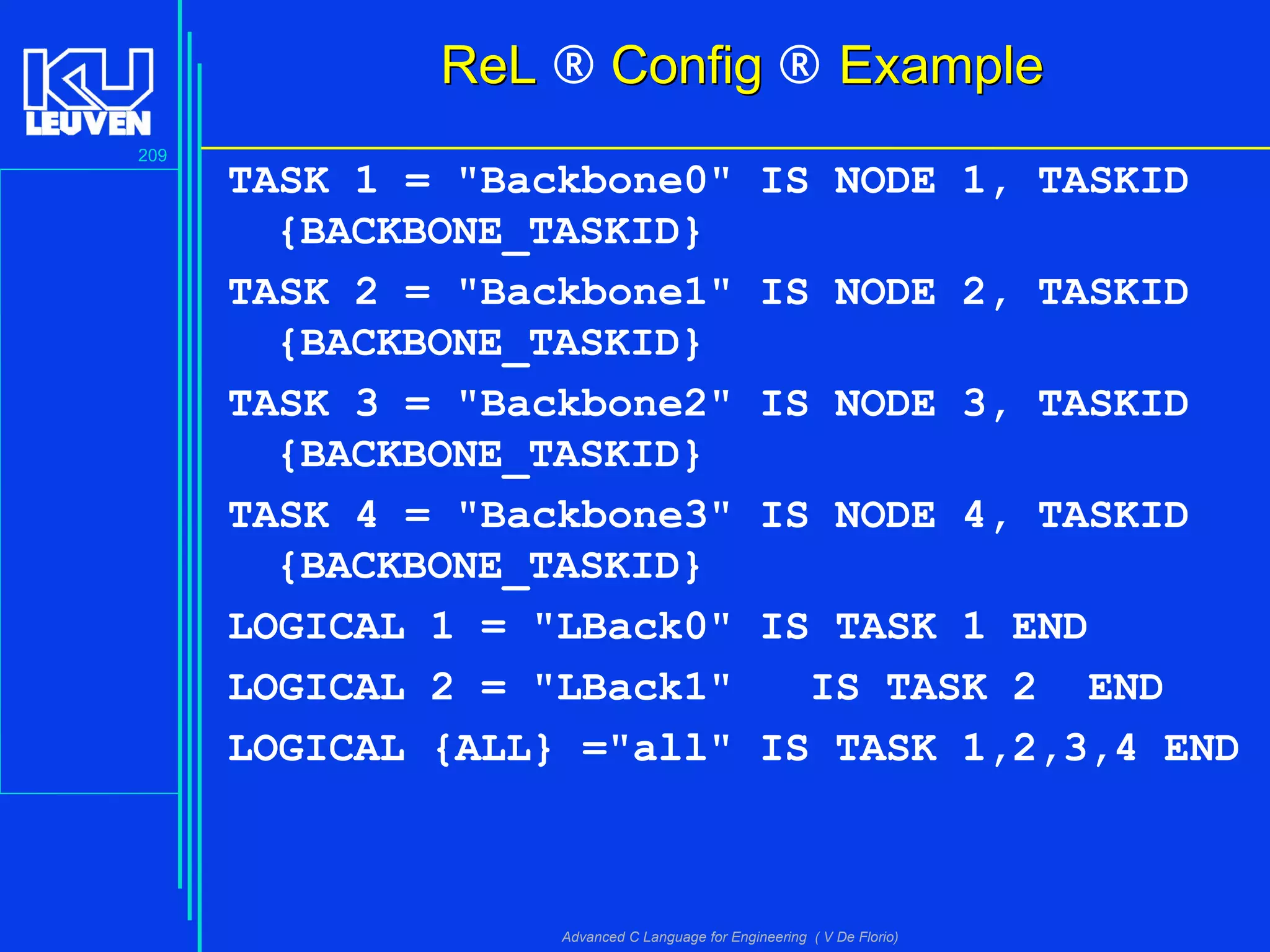 209
Advanced C Language for Engineering ( V De Florio)
ReLReL ® ConfigConfig ® ExampleExample
TASK 1 = "Backbone0" IS NODE 1, TASKID
{BACKBONE_TASKID}
TASK 2 = "Backbone1" IS NODE 2, TASKID
{BACKBONE_TASKID}
TASK 3 = "Backbone2" IS NODE 3, TASKID
{BACKBONE_TASKID}
TASK 4 = "Backbone3" IS NODE 4, TASKID
{BACKBONE_TASKID}
LOGICAL 1 = "LBack0" IS TASK 1 END
LOGICAL 2 = "LBack1" IS TASK 2 END
LOGICAL {ALL} ="all" IS TASK 1,2,3,4 END
 