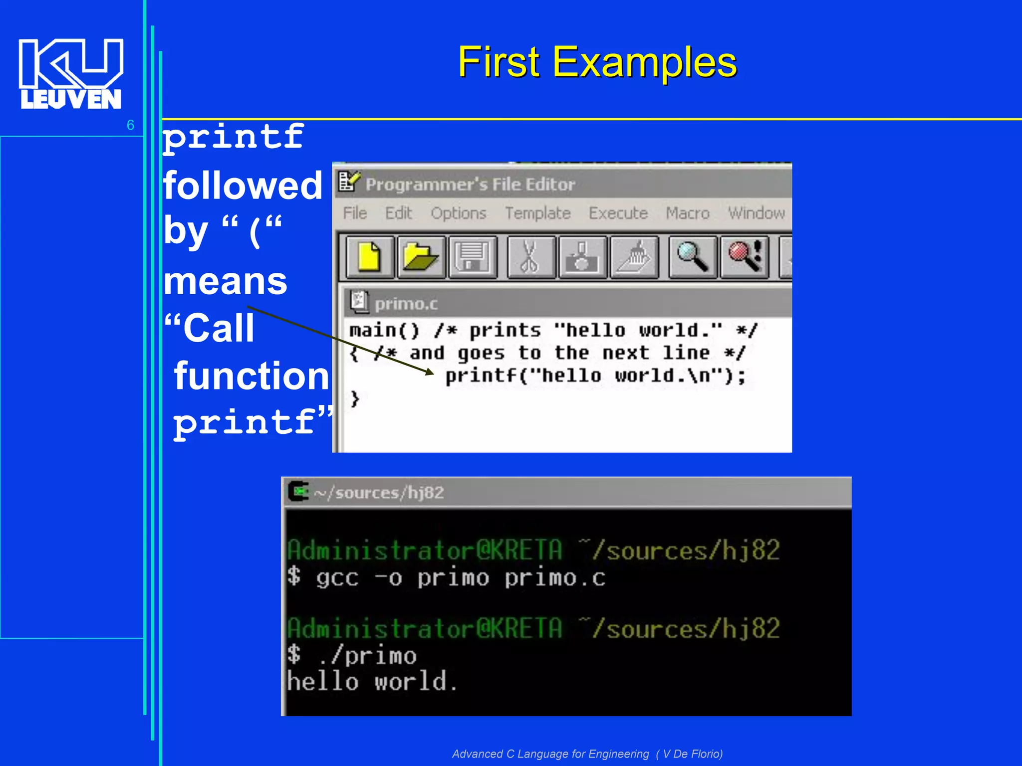 6
Advanced C Language for Engineering ( V De Florio)
First ExamplesFirst Examples
printf
followed
by “(“
means
“Call
function
printf”
 