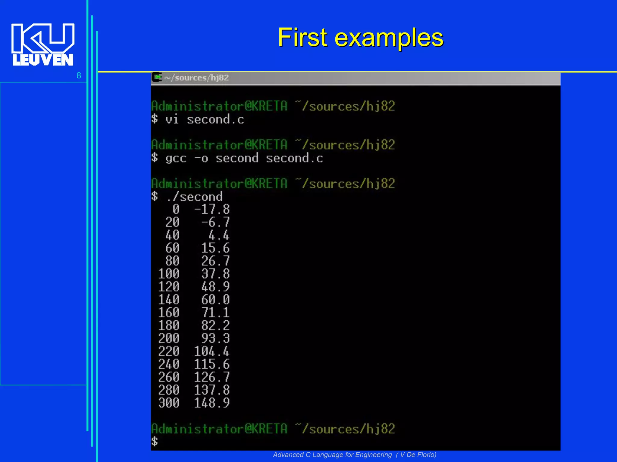 8
Advanced C Language for Engineering ( V De Florio)
First examplesFirst examples
 