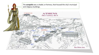 The acropolis was a citadel, or fortress, that housed the city’s municipal
and religious buildings.
 
