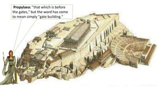 Propylaea: "that which is before
the gates," but the word has come
to mean simply "gate building."
 