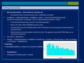 Page | 26
• Data transformations - One function to rule them all :
• All transformations are performed via the rxDataStep command
• airXdfData <- rxDataStep(inData = airXdfData, outFile = "c:/Users/Temp/airExample.xdf",
transforms=list(VeryLate = (ArrDelay > 120 | is.na(ArrDelay))), overwrite = TRUE)
• A full RevoScaleR data step consists of the following steps:+
• Read in the data a block (200,000 rows) at a time.
• For each block, pass the ArrDelay data to the R interpreter for processing the transformation to
create VeryLate.
• Write the data out to the dataset a block at a time. The argument overwrite=TRUE allows us to
overwrite the data file.
• From XDF to data frame :
• myData <- rxDataStep(inData = airXdfData, rowSelection = ArrDelay > 240 & ArrDelay <= 300, varsToKeep
= c("ArrDelay", "DayOfWeek"))
• Subseting :
• rxReadXdf(airXdfData, numRows=10, startRow=100000)
• Visualizations :
• rxHistogram(~ArrDelay, data = myData)
Getting Started (2)
 