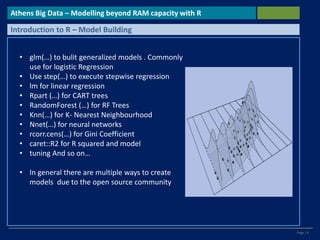 Page | 6
Athens Big Data – Modelling beyond RAM capacity with R
Introduction to R – Model Building
• glm(…) to bulit generalized models . Commonly
use for logistic Regression
• Use step(…) to execute stepwise regression
• lm for linear regression
• Rpart (…) for CART trees
• RandomForest (…) for RF Trees
• Knn(…) for K- Nearest Neighbourhood
• Nnet(…) for neural networks
• rcorr.cens(…) for Gini Coefficient
• caret::R2 for R squared and model
• tuning And so on…
• In general there are multiple ways to create
models due to the open source community
 