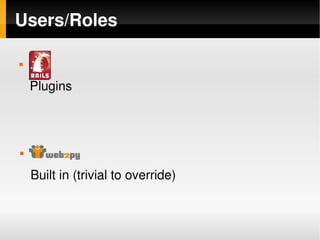 Users/Roles

    



        Plugins




        
        Built in (trivial to override)


                             ...