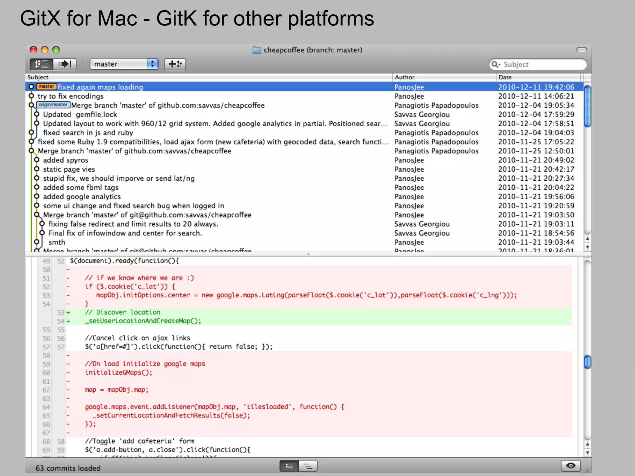 GitX for Mac - GitK for other platforms
 