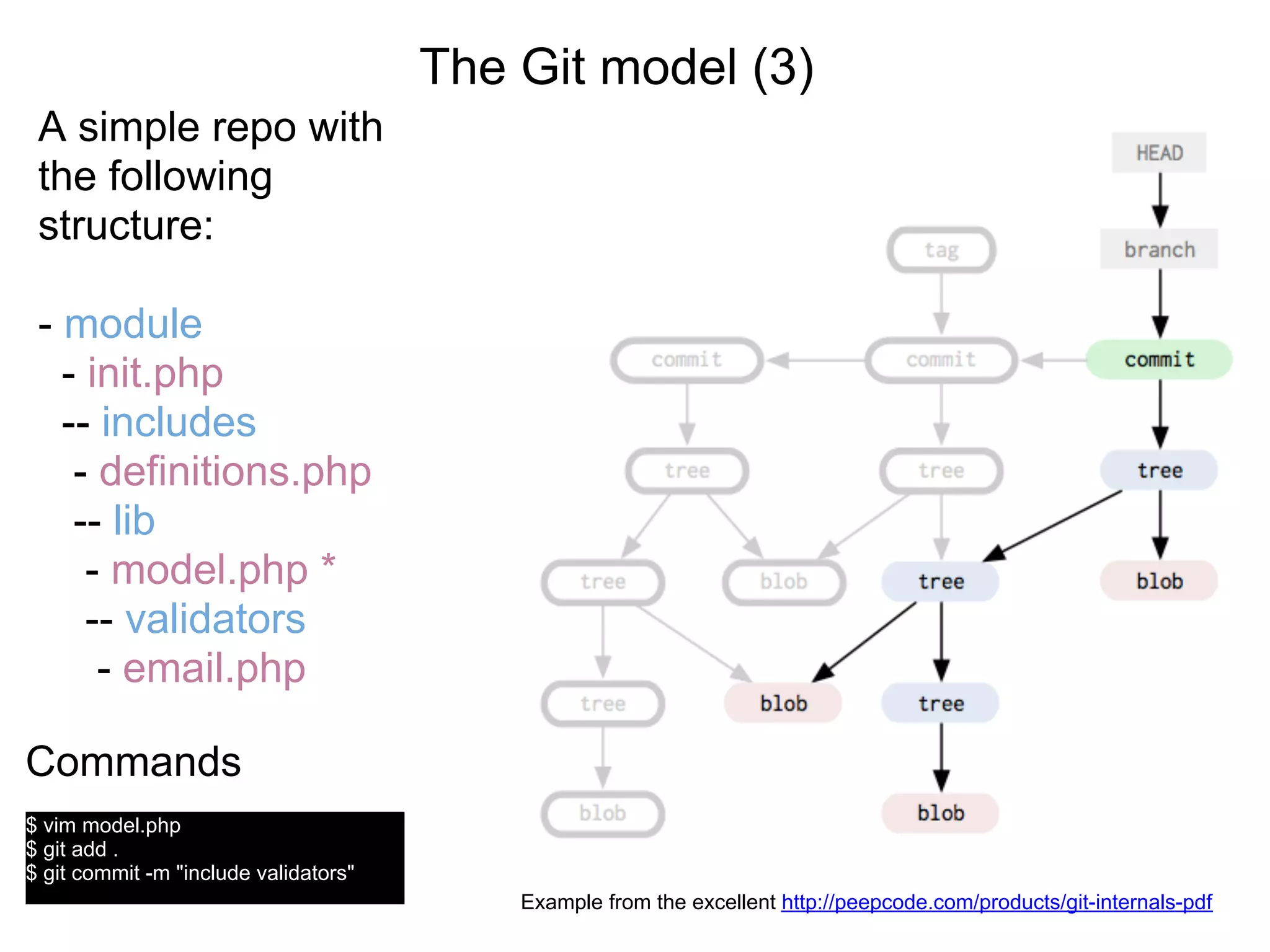 The Git model (3)
 A simple repo with
 the following
 structure:

 - module
   - init.php
   -- includes
    - definitions.php
    -- lib
     - model.php *
     -- validators
      - email.php

Commands
$ vim model.php
$ git add .
$ git commit -m "include validators"
                                           Example from the excellent http://peepcode.com/products/git-internals-pdf
 