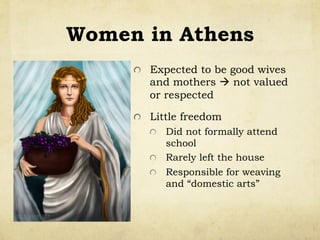 Women in Athens
!   Expected to be good wives
and mothers ! not valued
or respected
!   Little freedom
!   Did not formally attend
school
!   Rarely left the house
!   Responsible for weaving
and “domestic arts”
 