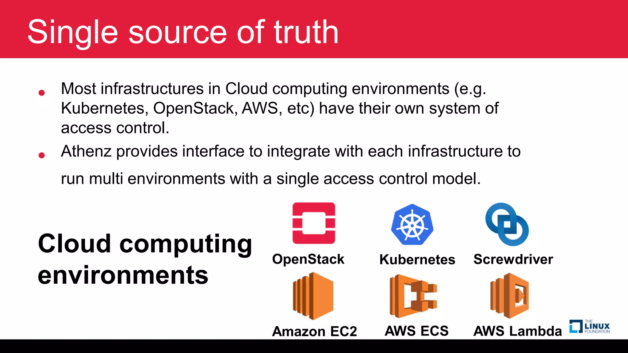 Single source of truth
• Most infrastructures in Cloud computing environments (e.g.
Kubernetes, OpenStack, AWS, etc) have their own system of
access control.
• Athenz provides interface to integrate with each infrastructure to
run multi environments with a single access control model.
Cloud computing
environments
OpenStack Kubernetes Screwdriver
Amazon EC2 AWS ECS AWS Lambda
 