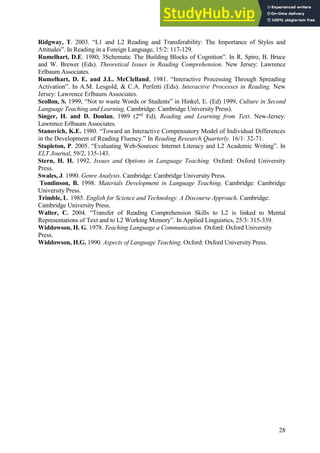 28
Ridgway, T. 2003. “L1 and L2 Reading and Transferability: The Importance of Styles and
Attitudes”. In Reading in a Foreign Language, 15/2: 117-129.
Rumelhart, D.E. 1980; 3Schemata: The Building Blocks of Cognition”. In R. Spiro, B. Bruce
and W. Brewer (Eds). Theoretical Issues in Reading Comprehension. New Jersey: Lawrence
Erlbaum Associates.
Rumelhart, D. E. and J.L. McClelland, 1981. “Interactive Processing Through Spreading
Activation”. In A.M. Lesgold, & C.A. Perfetti (Eds). Interactive Processes in Reading. New
Jersey: Lawrence Erlbaum Associates.
Scollon, S. 1999, “Not to waste Words or Students” in Hinkel, E. (Ed) 1999, Culture in Second
Language Teaching and Learning, Cambridge: Cambridge University Press).
Singer, H. and D. Donlan, 1989 (2nd
Ed). Reading and Learning from Text. New-Jersey:
Lawrence Erlbaum Associates.
Stanovich, K.E. 1980. “Toward an Interactive Compensatory Model of Individual Differences
in the Development of Reading Fluency.” In Reading Research Quarterly. 16/1: 32-71.
Stapleton, P. 2005. “Evaluating Web-Sources: Internet Literacy and L2 Academic Writing”. In
ELT Journal, 59/2, 135-143.
Stern, H. H. 1992. Issues and Options in Language Teaching. Oxford: Oxford University
Press.
Swales, J. 1990. Genre Analysis. Cambridge: Cambridge University Press.
Tomlinson, B. 1998. Materials Development in Language Teaching. Cambridge: Cambridge
University Press.
Trimble, L. 1985. English for Science and Technology. A Discourse Approach. Cambridge:
Cambridge University Press.
Walter, C. 2004. “Transfer of Reading Comprehension Skills to L2 is linked to Mental
Representations of Text and to L2 Working Memory”. In Applied Linguistics, 25/3: 315-339.
Widdowson, H. G. 1978. Teaching Language a Communication. Oxford: Oxford University
Press.
Widdowson, H.G. 1990. Aspects of Language Teaching. Oxford: Oxford University Press.
 