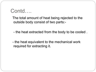 Contd….
The total amount of heat being rejected to the
outside body consist of two parts:-
- the heat extracted from the body to be cooled .
- the heat equivalent to the mechanical work
required for extracting it.
 